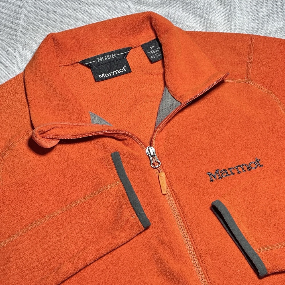 Marmot Orange Fleece Jacket Mens Small Polartec Outdoors Hiking Full Zip